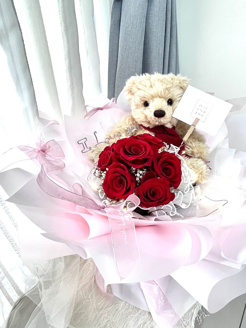 Bear Loves You Everlasting Rose Large Bouquet Must Have for Birthday/Confession/Proposal - ช่อดอกไม้แห้ง - พืช/ดอกไม้ 