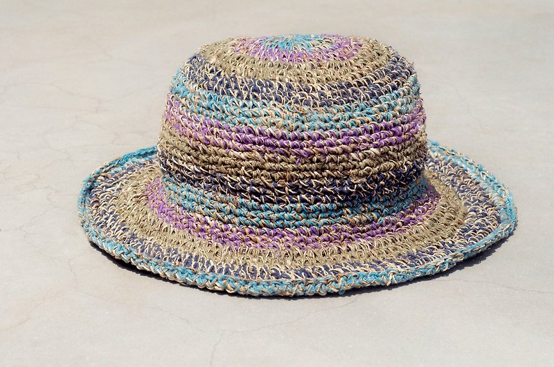限定版手織りコットンリネンキャップ/ニットキャップ/帽子/バイザー/帽子/麦わら帽子-ブルー色のカラフルな森のパープルのストライプ - 帽子 - コットン・麻 多色