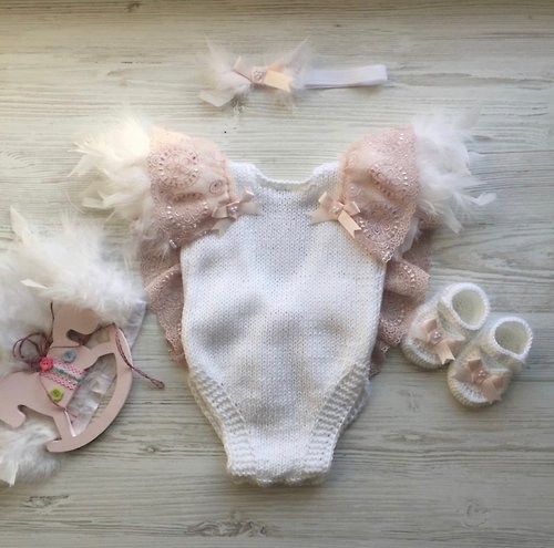 V.I.Angel White hand knit romper with feathers, pink lace and pearls, headband, shoes.