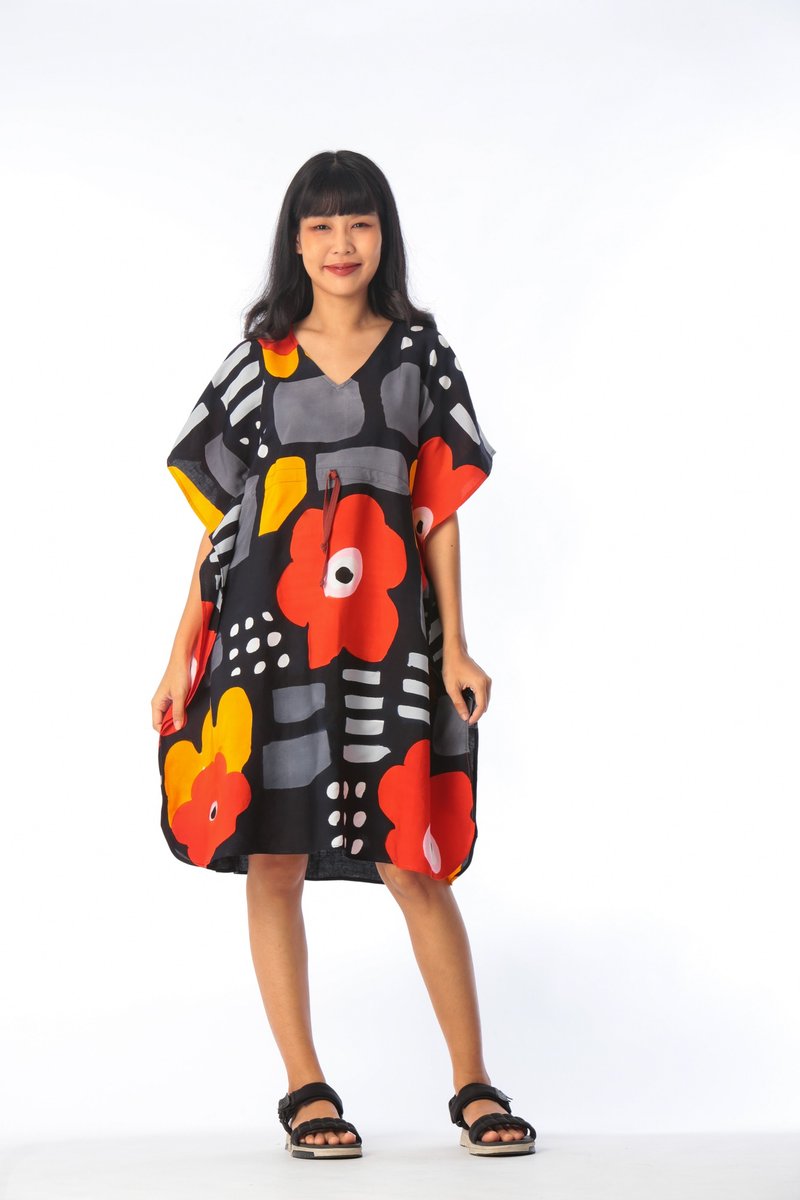 Kaftan Waist Jump Cotton Rayon Hand paint For Summer Beach V - 洋裝/連身裙 - 棉．麻 橘色