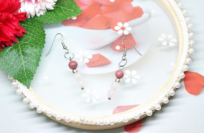 Stainless Steel Mix Silver X Natural Stone Hook Earrings <Pearl Round Jade Powder> - Earrings & Clip-ons - Stainless Steel Pink