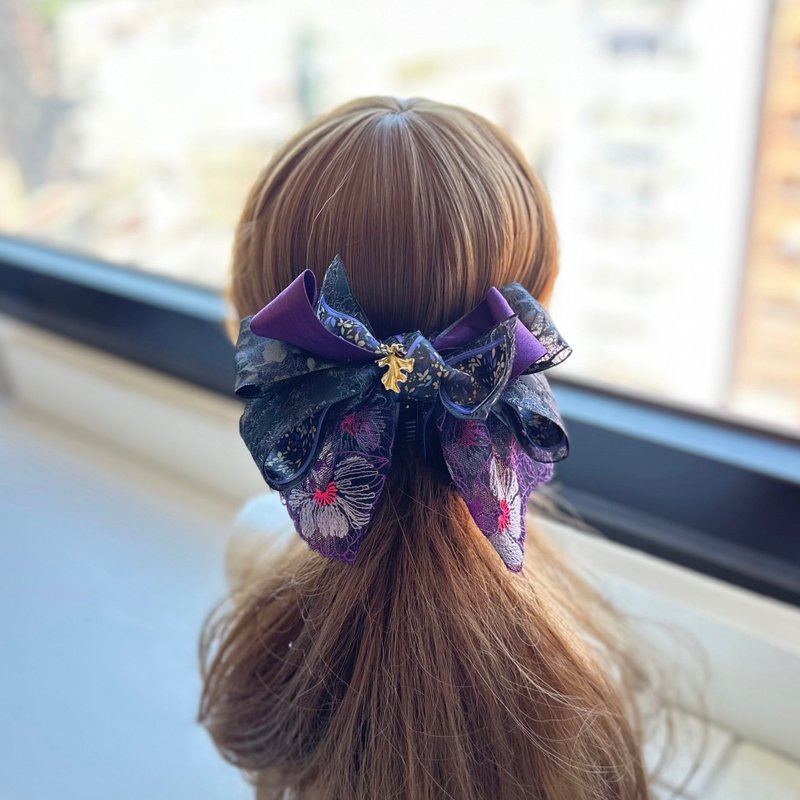 蕾絲紗蕾絲蝴蝶結相交夾香蕉夾仙女夾髮夾-紫黑色 - 髮夾/髮圈 - 其他材質 黑色