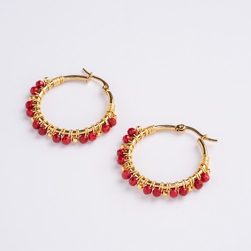 aristarjewelry Large Amina Earrings in Red Coral (18K Gold Plated Red Coral Hoops)