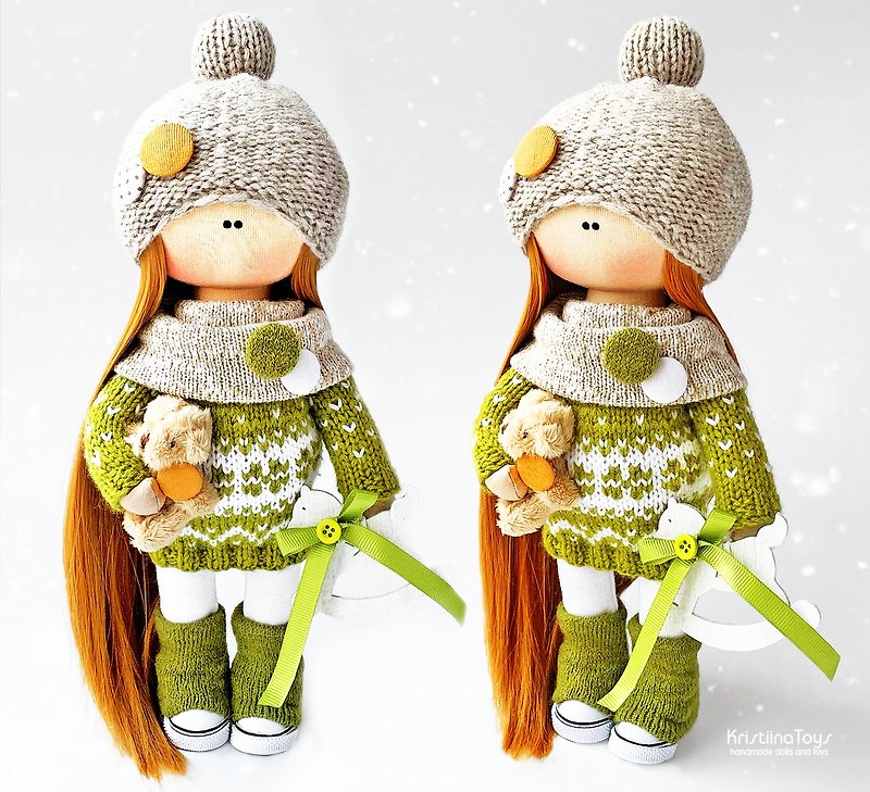 Christmas doll | Christmas gift handmade | Textile Christmas ineterior doll - Stuffed Dolls & Figurines - Wool Green