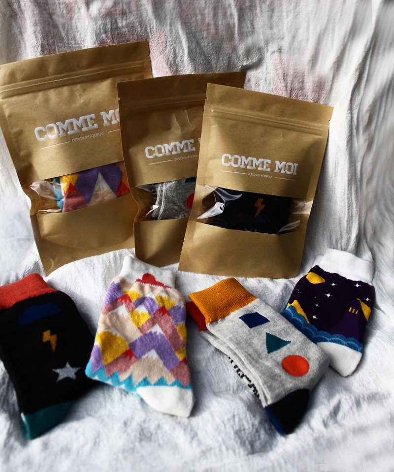 COMME MOI full set of parents and children's socks (a total of eight pairs of four pairs of large four pairs small) + British and French hand-painted letters card - Kids' Shoes - Cotton & Hemp Multicolor