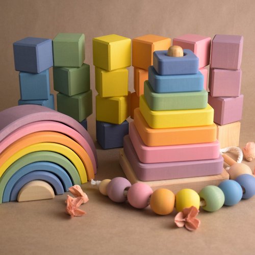 Wooden Educational Toy Wooden Montessori Baby Toys Set Pastel: Blocks, Rainbow, Lacing, Ring Stacker