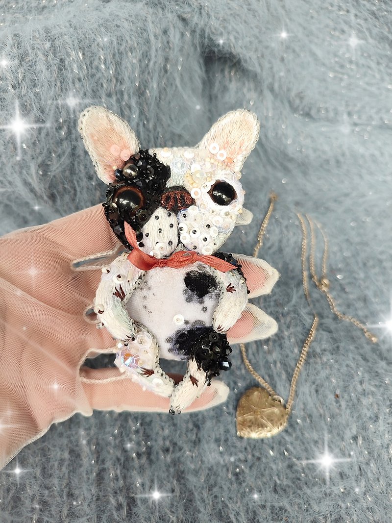 Embroidered brooch or pendant on a chain white French bulldog Tail. - Brooches - Thread White