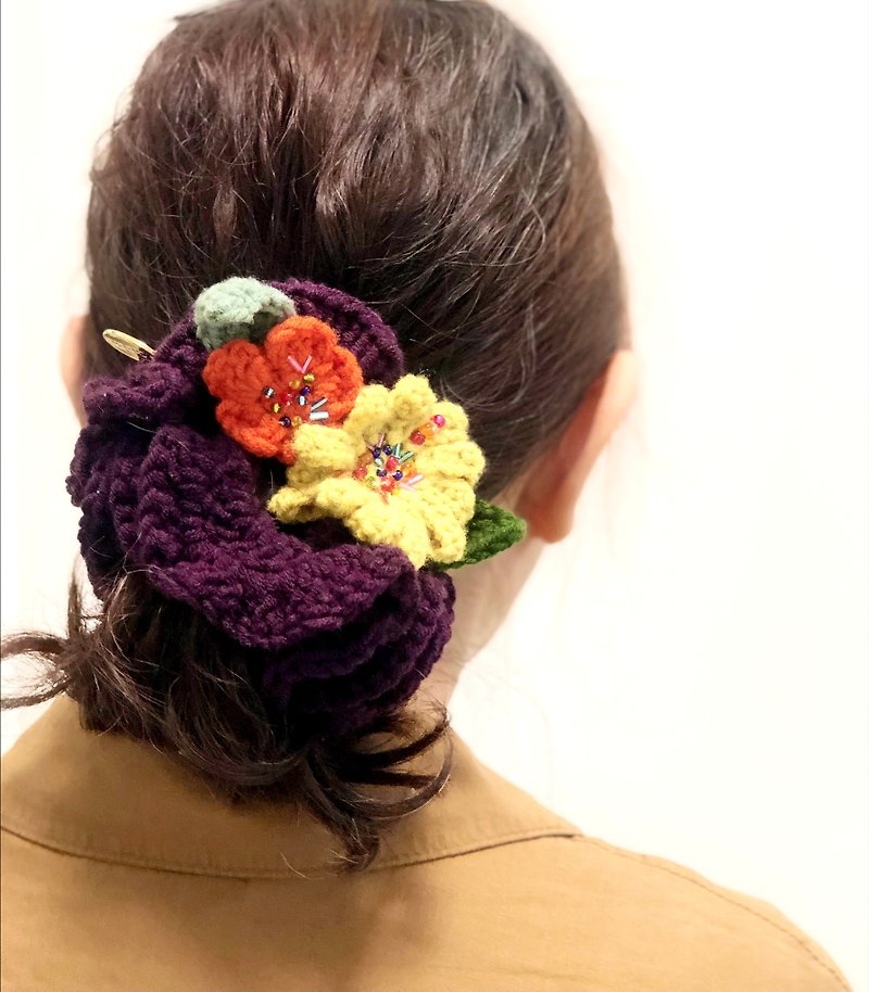 優美手鉤花飾髮繩套裝 - 髮飾 - 棉．麻 紫色