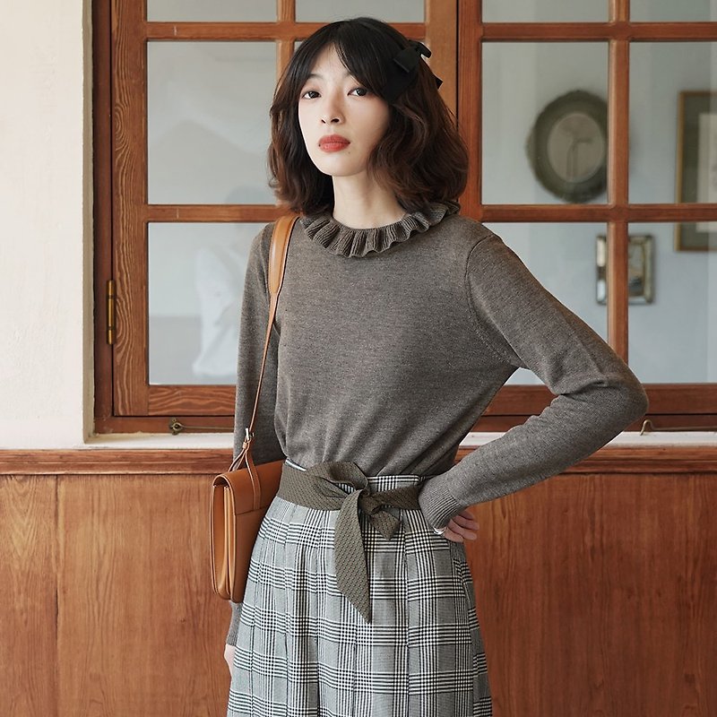 Knitted bottoming shirt with wooden ears-Coffee|Knitwear|Summer and Autumn|Cotton+Acrylic|Sora-561 - สเวตเตอร์ผู้หญิง - ผ้าฝ้าย/ผ้าลินิน สีนำ้ตาล