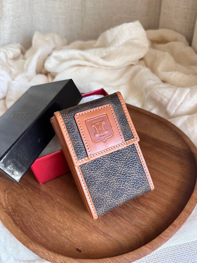 稀有中古品Vintage Celine 凱旋門徽章棕花卡片盒零錢包 - 名片夾/名片盒 - 防水材質 