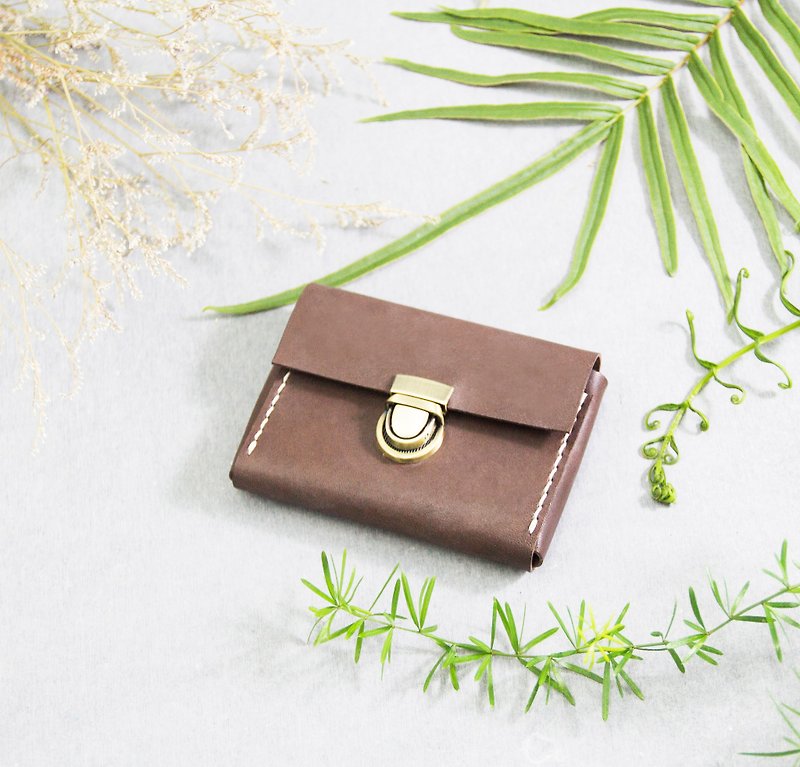 [Leather double-layer card coin purse/business card case] European vegetable tanned cowhide/customized lettering/dark coffee - ที่เก็บนามบัตร - หนังแท้ สีนำ้ตาล