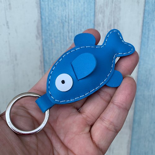 leatherprince 療癒小物 藍色 可愛 魚 純手工縫製 皮革 鑰匙圈 小尺寸