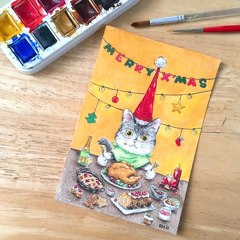 Kitten Cat Xmas Meal Christmas Card Postcard - การ์ด/โปสการ์ด - กระดาษ หลากหลายสี