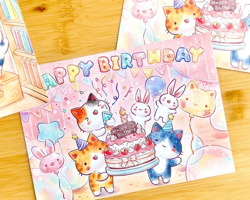 秘密貓-生日派對 水彩風插畫明信片 - 卡片/明信片 - 紙 多色
