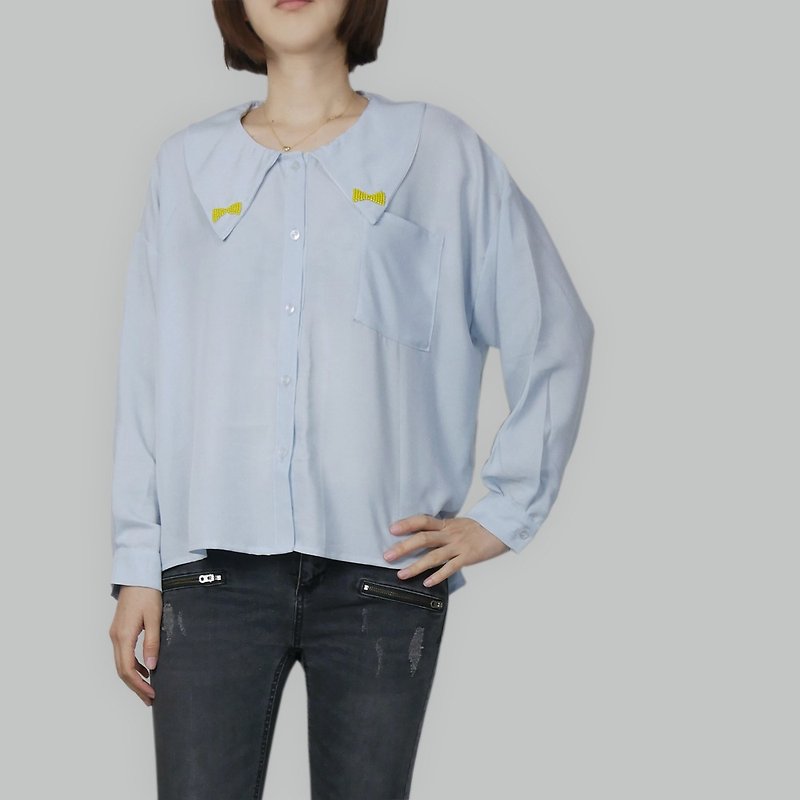 Powder Blue Embroidered Beaded Collar Wide Shirt - Women's Shirts - Cotton & Hemp Blue