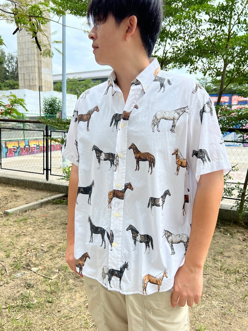 Vintage Men's Animal Shirt French Horse_Mise Au Green - Men's Shirts - Cotton & Hemp 