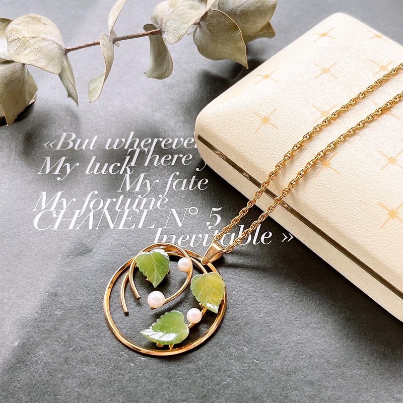 [Van Dell Pearl Green Leaf 12K gold-filled necklace] Vintage American antique jewelry and old jewelry - สร้อยคอ - โลหะ 