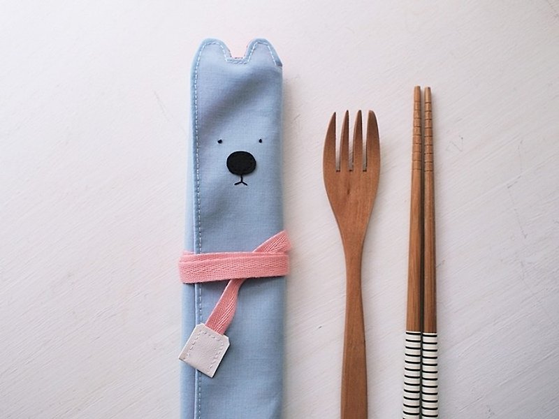 hairmo. Black-nosed bear chopstick set/tableware bag/pen case-L water blue - ตะเกียบ - ผ้าฝ้าย/ผ้าลินิน สีน้ำเงิน
