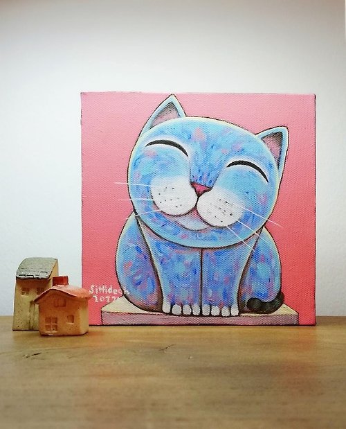 iamfineart Cat painting original and unique blue cat and pink background