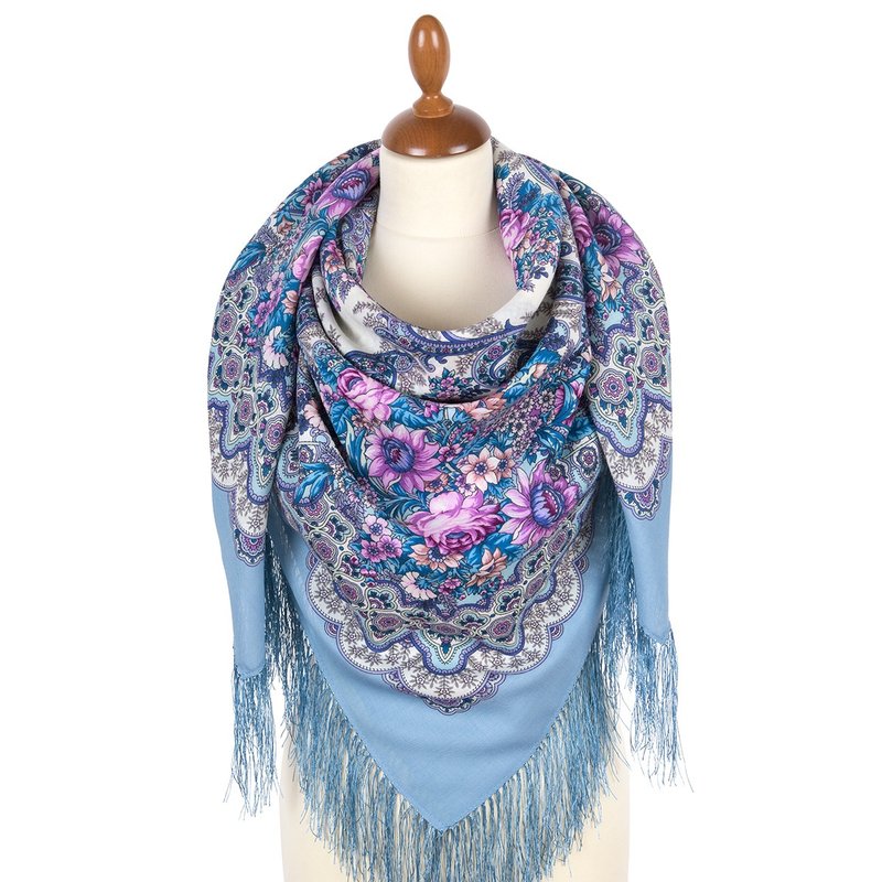 Pavlovo Posad Russian Shawl 100% Wool Scarf 125x125 cm Wrap Silk Fringe 2105-13 - ผ้าพันคอ - ขนแกะ สีน้ำเงิน