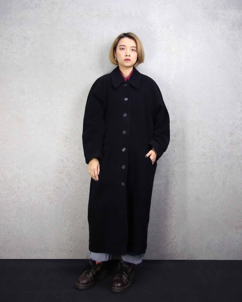 Tsubasa.Y 古着屋 014 vintage wool coat, wool wool simple long coat - Women's Casual & Functional Jackets - Wool Black