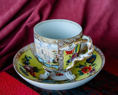 Home + Art 愛戀古物 維也納窯雙蛇把手風景花卉咖啡杯 - 西洋古董