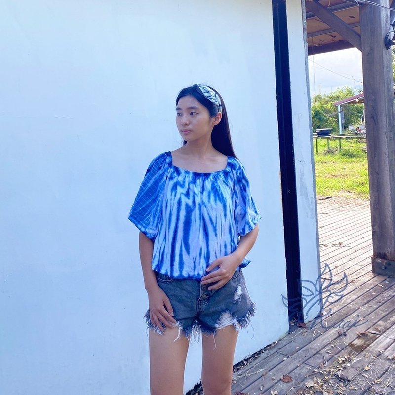 藍染一字領兩穿純棉上衣出貨兩件花色任選 - 女 T 恤 - 棉．麻 藍色