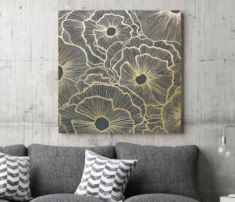 Gold Anemone Painting Canvas| Textured Anemone wall Art| Floral wall art Anemone - 壁貼/牆壁裝飾 - 棉．麻 金色