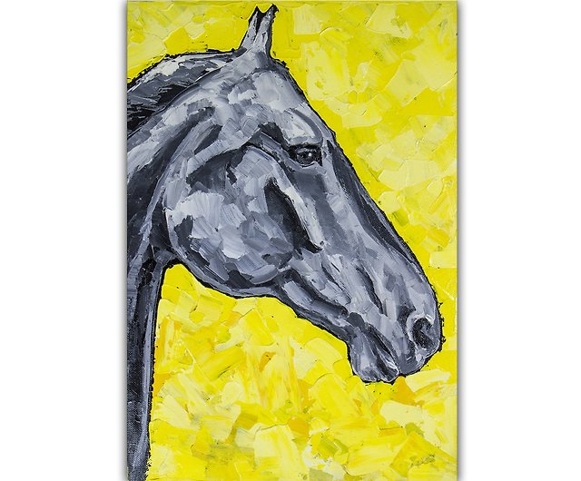 馬の絵灰色の馬オリジナルアート馬の肖像画油絵乗馬 - ショップ Nadya 