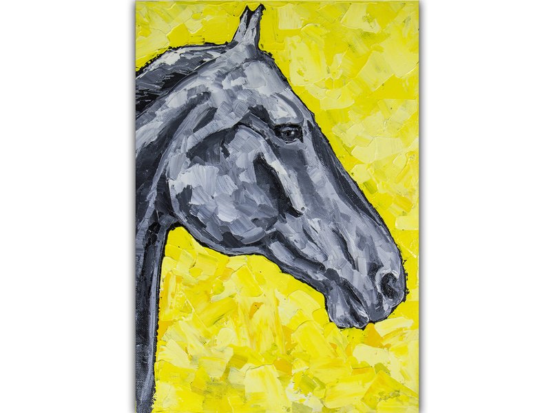 Horse Painting Gray Horse Original Art Horse Portrait Oil Painting Equestrian - 海報/掛畫/掛布 - 其他材質 黃色