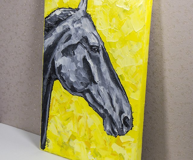 馬の絵灰色の馬オリジナルアート馬の肖像画油絵乗馬 - ショップ Nadya