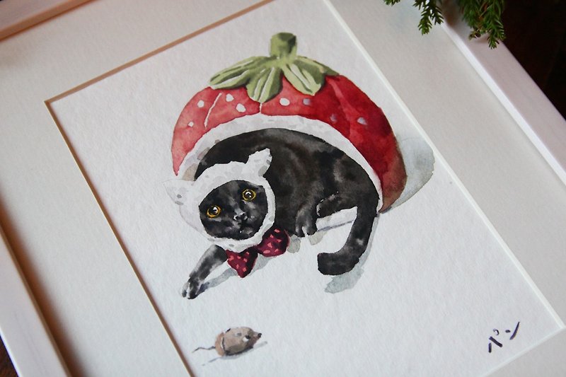 啾吉 watercolor hand-painted custom-made pet portrait - 喵-[with frame/single] - Cards & Postcards - Paper Black