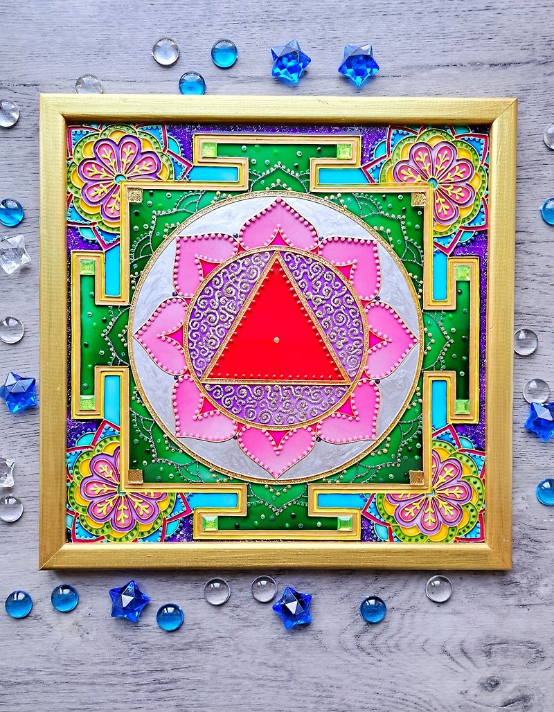 タラヤントラヴェーダ占星術Jyotishタントラ神聖幾何学ステンドグラス曼荼羅 - ウォールデコ・壁紙 - ガラス ピンク