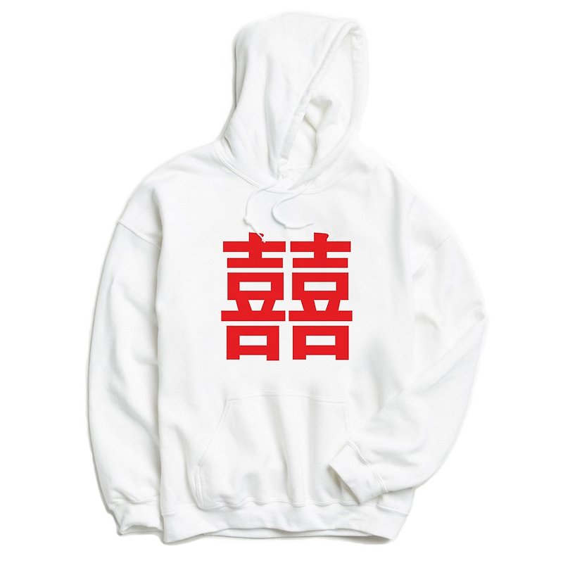 Chinese Joy #2-red front picture [in stock] long-sleeved bristles hooded T white Chinese 囍喜 wedding wedding gift wedding dress text green simple and fresh - Unisex Hoodies & T-Shirts - Cotton & Hemp White