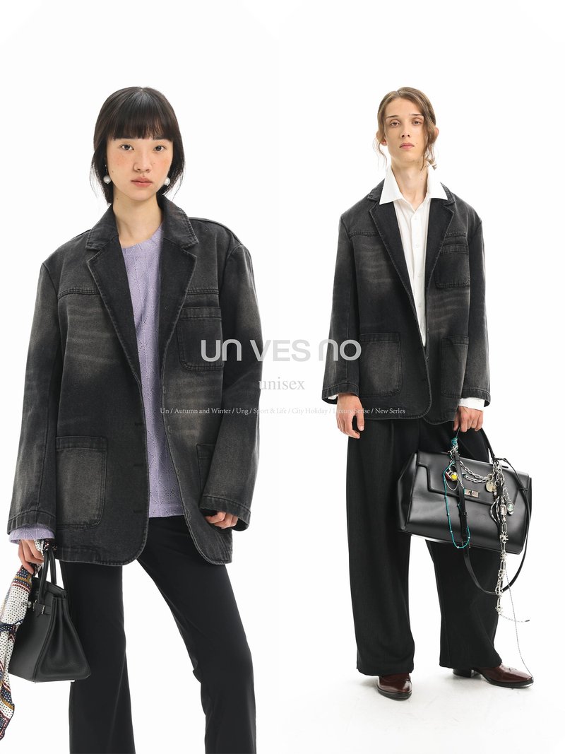 【做舊水洗】Unvesno(UN) Vintage重磅做舊貓須牛仔休閒西裝外套 - 男西裝外套 - 棉．麻 