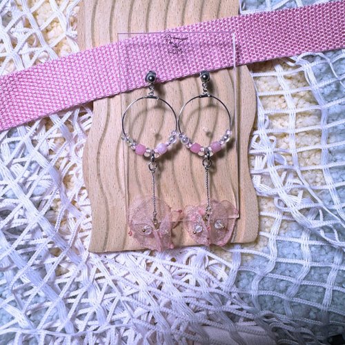 KUMI 粉色環型花耳環
