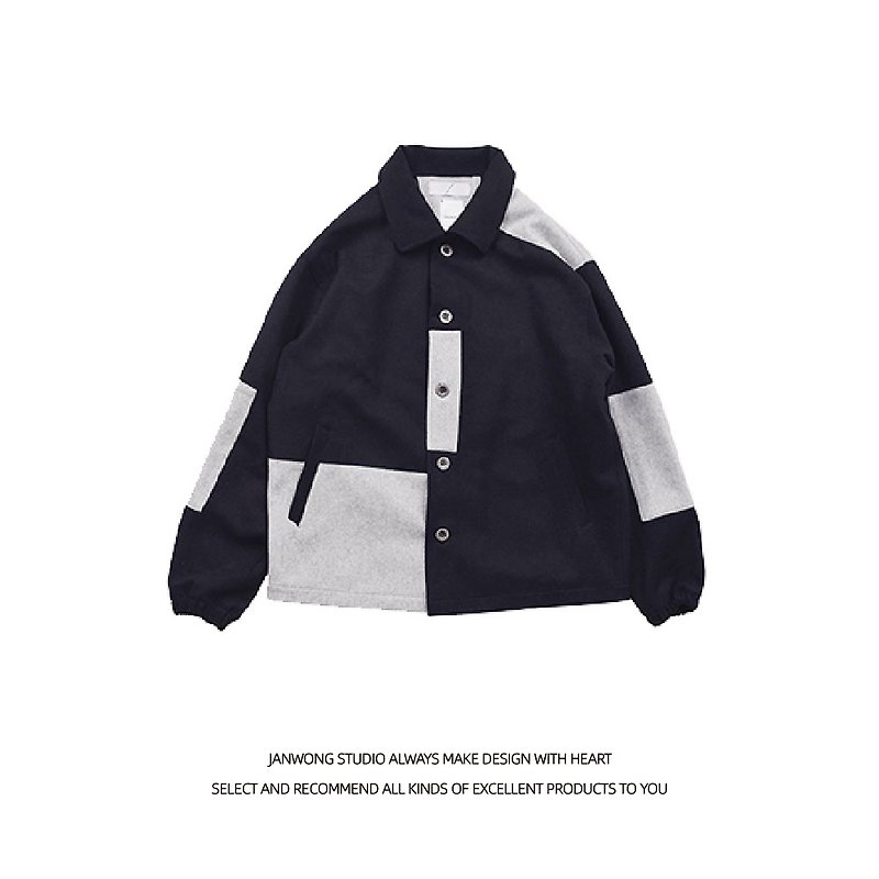JANWONG wool hit color stitching coach jacket men and women unisex wool jacket designer style - เสื้อโค้ทผู้ชาย - ขนแกะ สีดำ