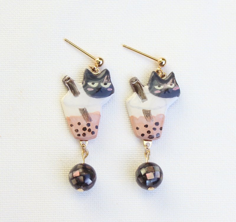 Bubble tea cat earrings / Taiwanese snacks / Clip-On/ animal handmade - Earrings & Clip-ons - Clay Khaki