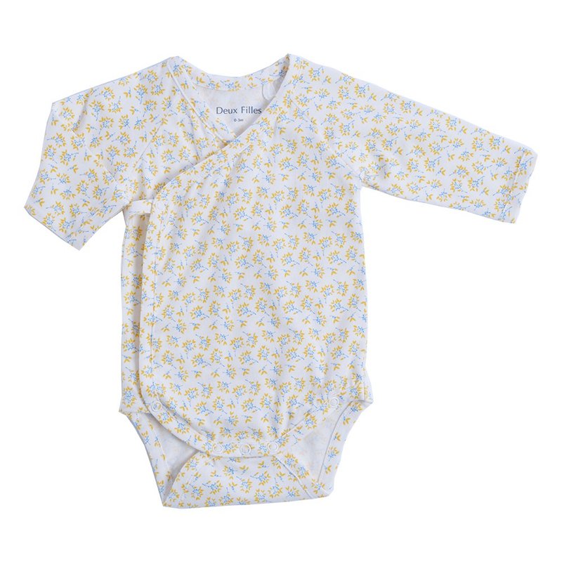 [Deux Filles organic cotton] baby long-sleeved side onesies/jumpsuit yellow branches and leaves - Onesies - Cotton & Hemp 