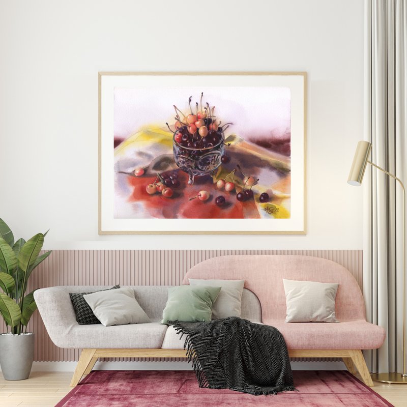 Cherry original watercolor poster by artist Irina Zhunaeva - 海報/掛畫/掛布 - 紙 多色