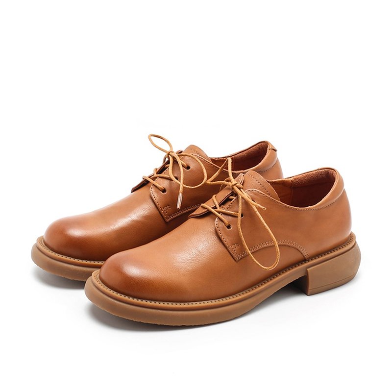 women's retro lace-up genuine leather shoes - รองเท้าหนังผู้หญิง - หนังแท้ สีกากี