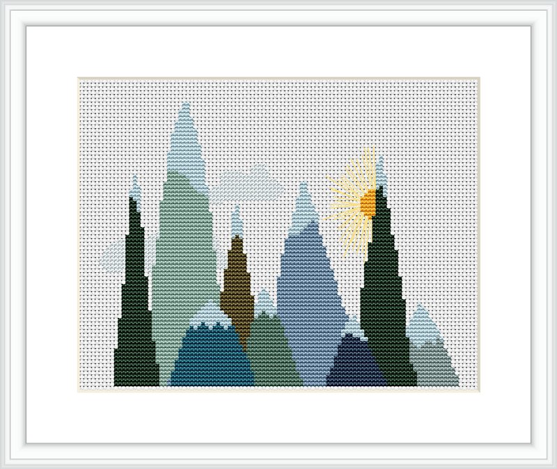 Mountain cross stitch pattern PDF Modern, Nature, Forest, Woodland, Scandinavian - เย็บปัก/ถักทอ/ใยขนแกะ - วัสดุอื่นๆ หลากหลายสี