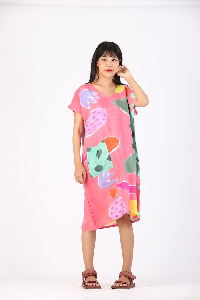 Short Dress Kaftan Cotton Silk V Nack Hand Paint Free Size - One Piece Dresses - Polyester Pink
