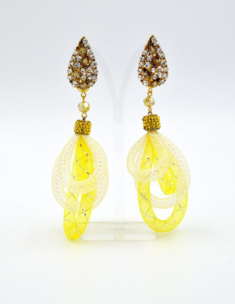 TIMBEE LO Crystal Flash Diamond Net Tube Earrings - ต่างหู - วัสดุอื่นๆ สีเหลือง