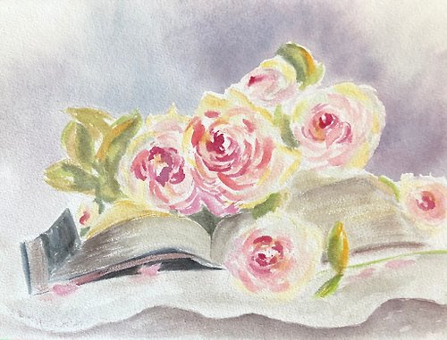 Alisa-Art Book and roses still life original watercolour painting wall art flowers