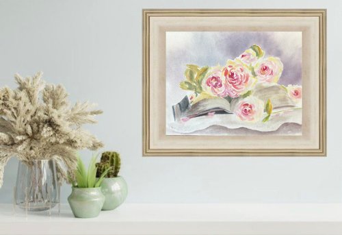 本とバラの静物画のオリジナルの水彩画の壁の芸術の花