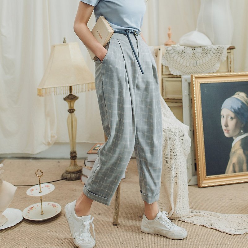 Annie Chen 2018 summer new literary women's decorative plaid pants feet pants - กางเกงขายาว - เส้นใยสังเคราะห์ สีเทา