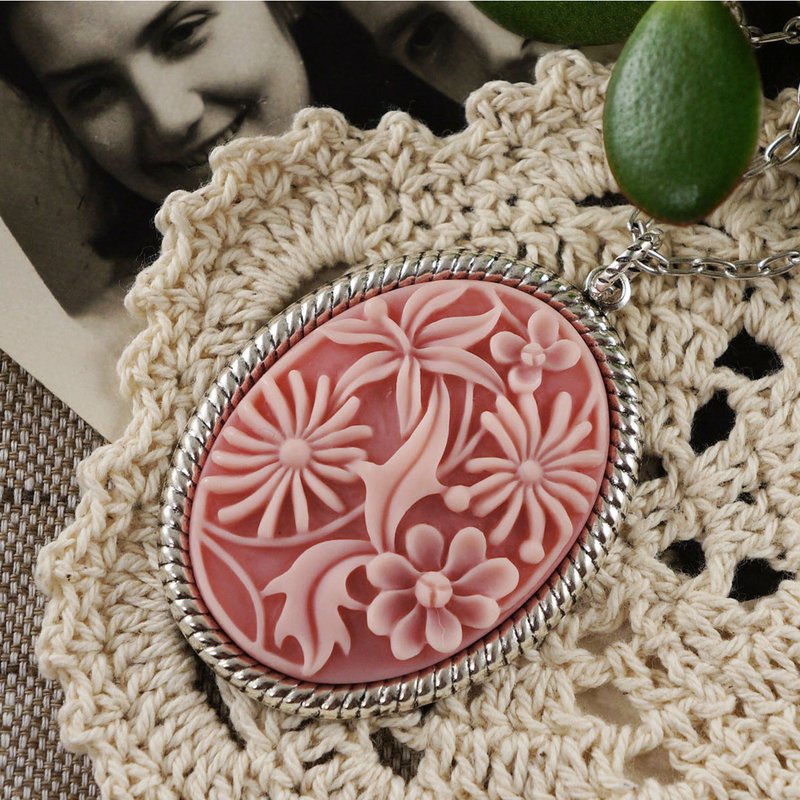 Pink Flower Floral Cameo Necklace Oval Silver Pendant Necklace Woman ...