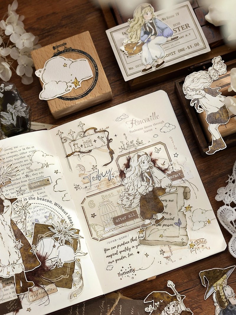 両面リトルウィッチレトロ童話かわいいキャラクターPET和紙テープポケットコラージュ - マスキングテープ - 紙 カーキ