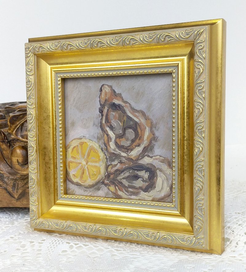 Oyster Oil Painting,Seafood Wall Art,Framed Painting,Kitchen Wall Decor - ตกแต่งผนัง - วัสดุอื่นๆ สีส้ม